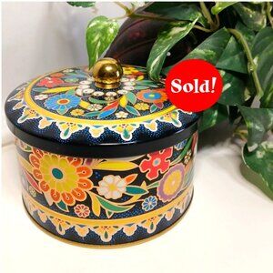 DAHER Vintage Round Biscuit or Candy Tin Deco Abstract Florals Made in England